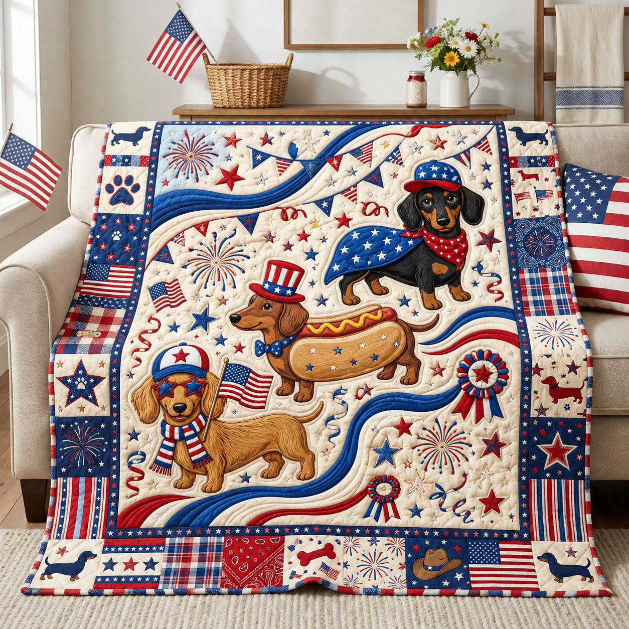Dachshund Patriotic Quilted Blanket Patriotic Dachshund Dog Throw Blanket Sweet Gift For Dog Moms - Flickden