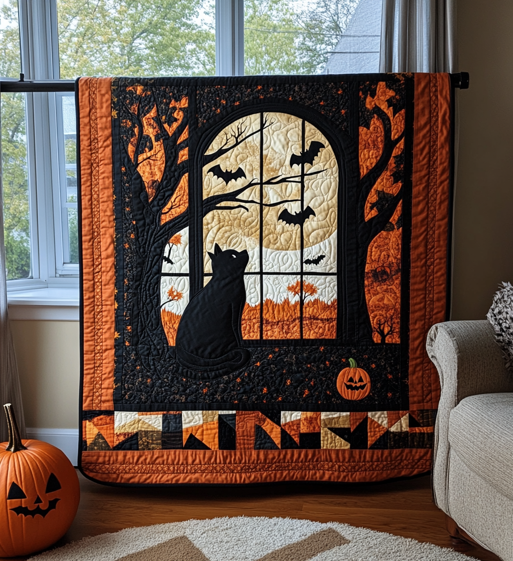 Dark Feline Night Quilted Blanket Halloween Bedroom Decor Cat Lovers Holiday Gift - Flickden