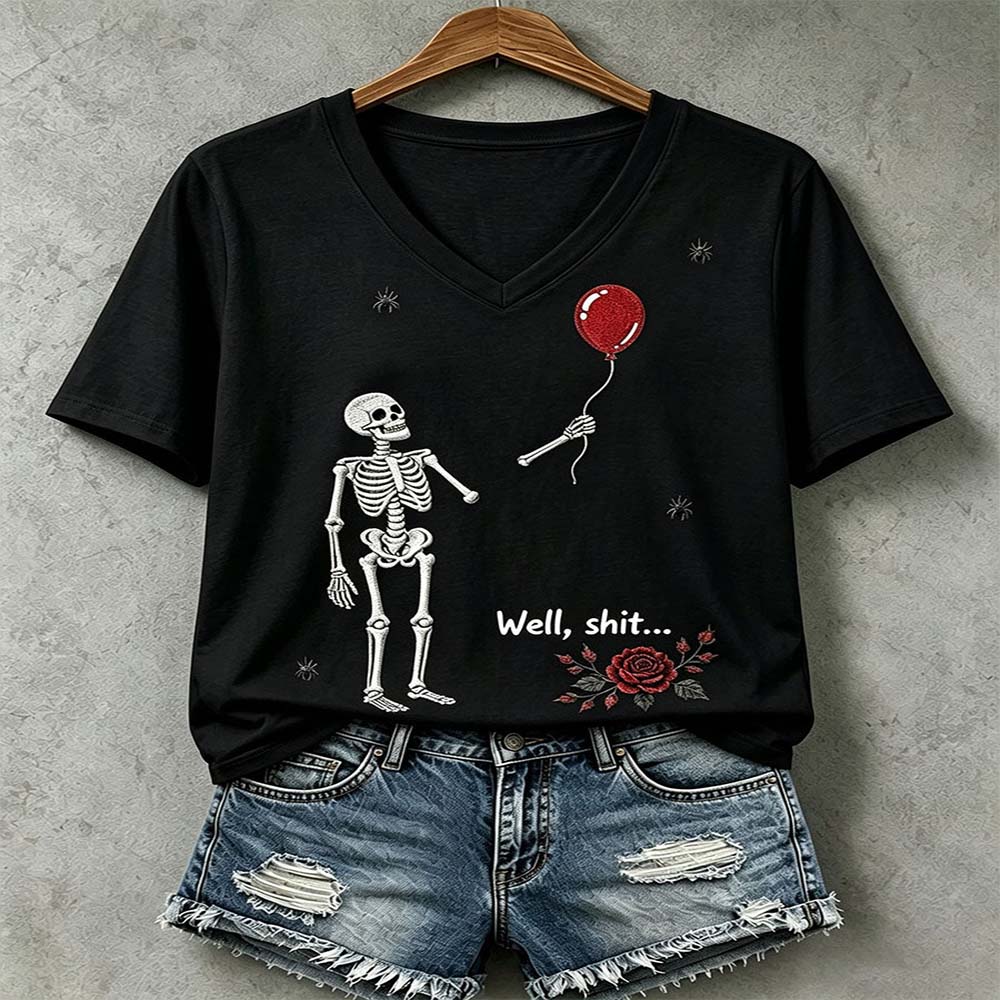 Day Of The Dead Merch Balloon Skeleton V-Neck T-Shirt Sugar Skull Clothes Gift For Horror Fan - Flickden