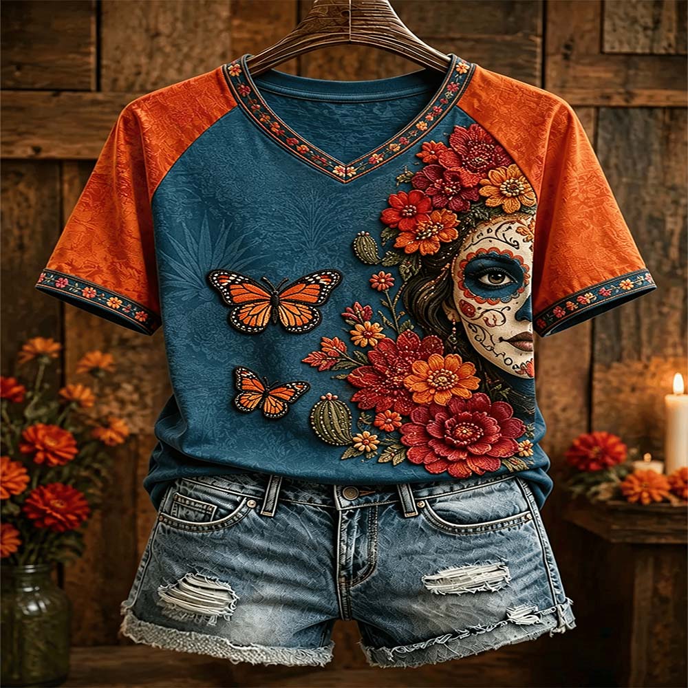 Day Of The Dead Merch Catrina Butterflies V-Neck T-Shirt Sugar Skull Face Paint Gift For Mom - Flickden