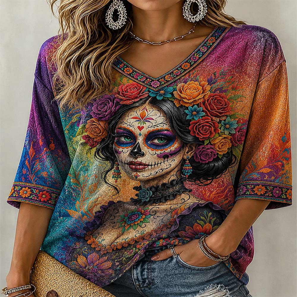 Day Of The Dead Merch Catrina Girl V-Neck Raglan Shirt Sugar Skull Face Paint Gift For Daughter - Flickden