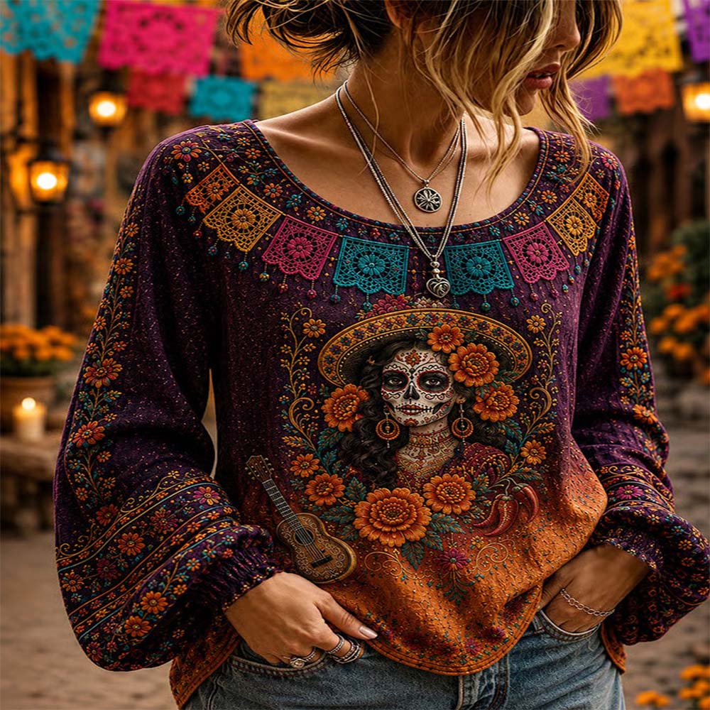 Day Of The Dead Merch Catrina Guitar Long Sleeve Shirt Dia De Los Muertos Gift For Grandma - Flickden