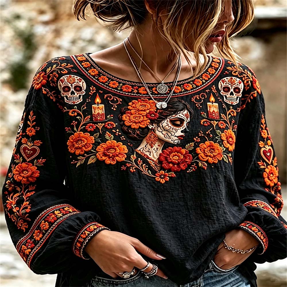 Day Of The Dead Merch Catrina Profile Long Sleeve Shirt La Catrina Costume Gift For Wife - Flickden
