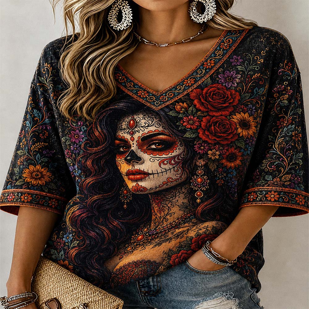 Day Of The Dead Merch Catrina Profile V-Neck T-Shirt Sugar Skull Face Paint Gift For Wife - Flickden