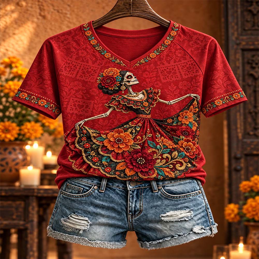 Day Of The Dead Merch Dancing Skeleton Lady V-Neck T-Shirt Dia De Los Muertos Skull Gift For Mom - Flickden