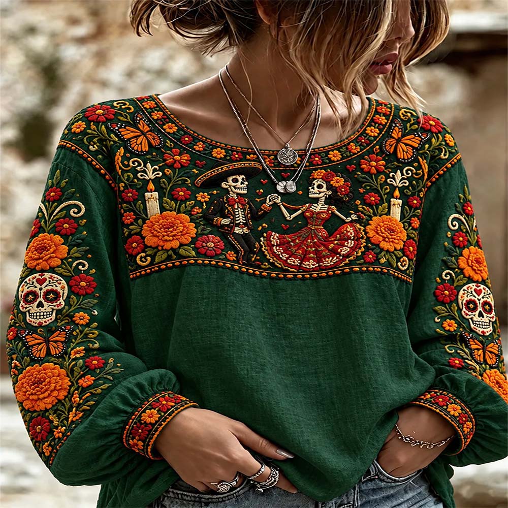 Day Of The Dead Merch Dancing Skeleton Long Sleeve Shirt The Day Of Death Apparel Gift For Wife - Flickden