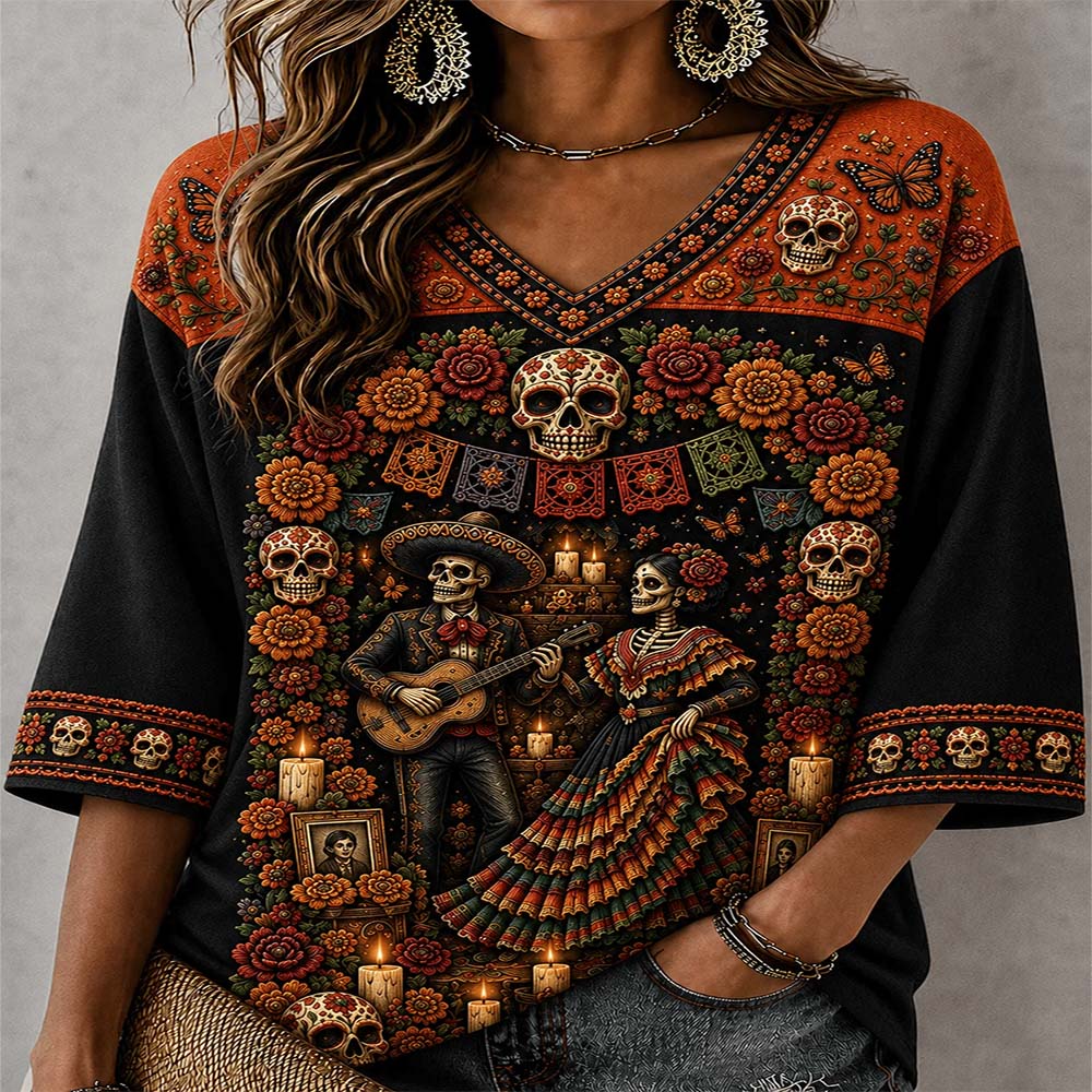 Day Of The Dead Merch Dancing Skeletons V-Neck Raglan Shirt Day Of The Dead Gift For Mom - Flickden