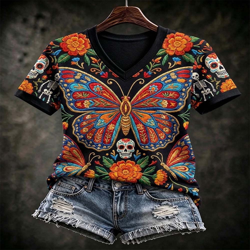 Day Of The Dead Merch Floral Butterfly V-Neck T-Shirt Sugar Skull Clothing Gift For Daughter - Flickden
