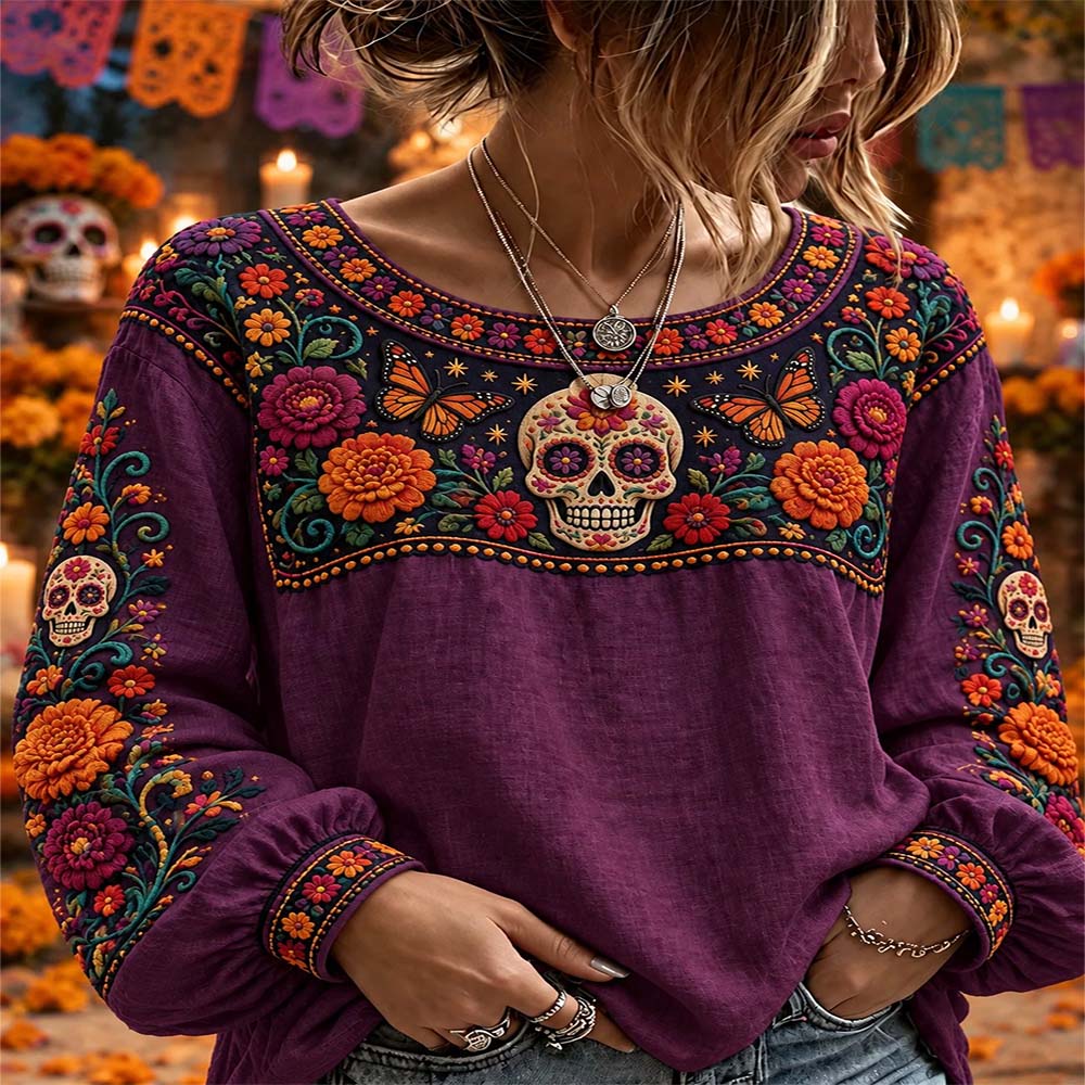 Day Of The Dead Merch Floral Skull Long Sleeve Shirt Dia De Los Muertos Clothing Gift For Mom - Flickden