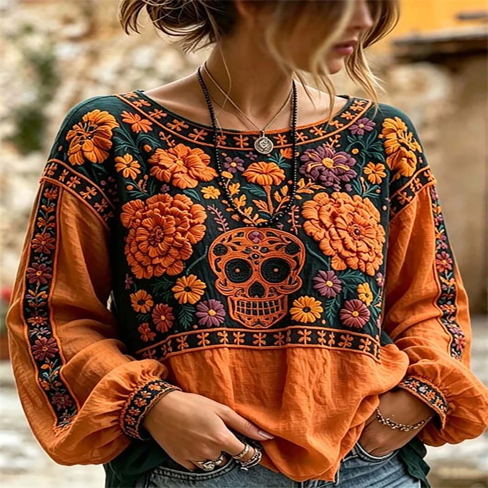 Day Of The Dead Merch Floral Skull Long Sleeve Shirt La Catrina Costume Gift For Daughter - Flickden