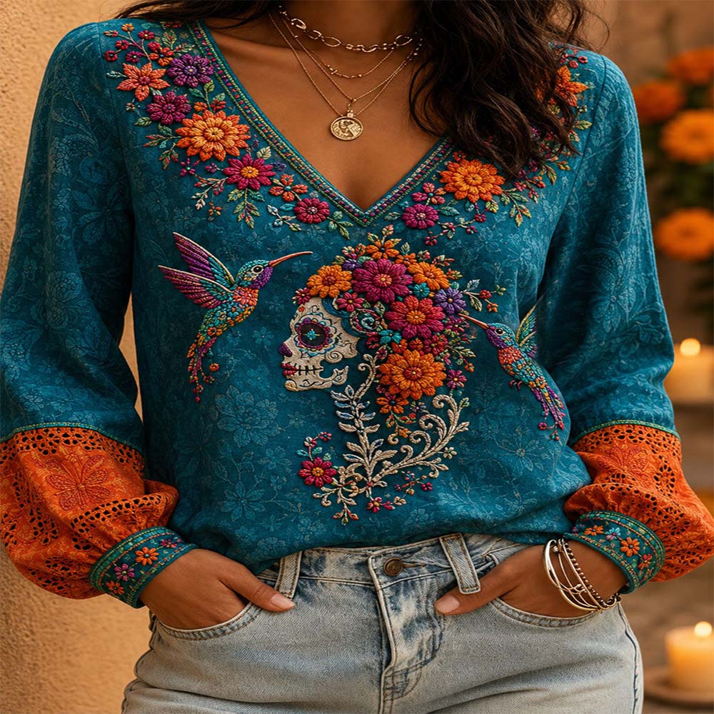 Day Of The Dead Merch Hummingbird Catrina V-Neck Long Sleeve Shirt Sugar Skull Gift For Grandma - Flickden
