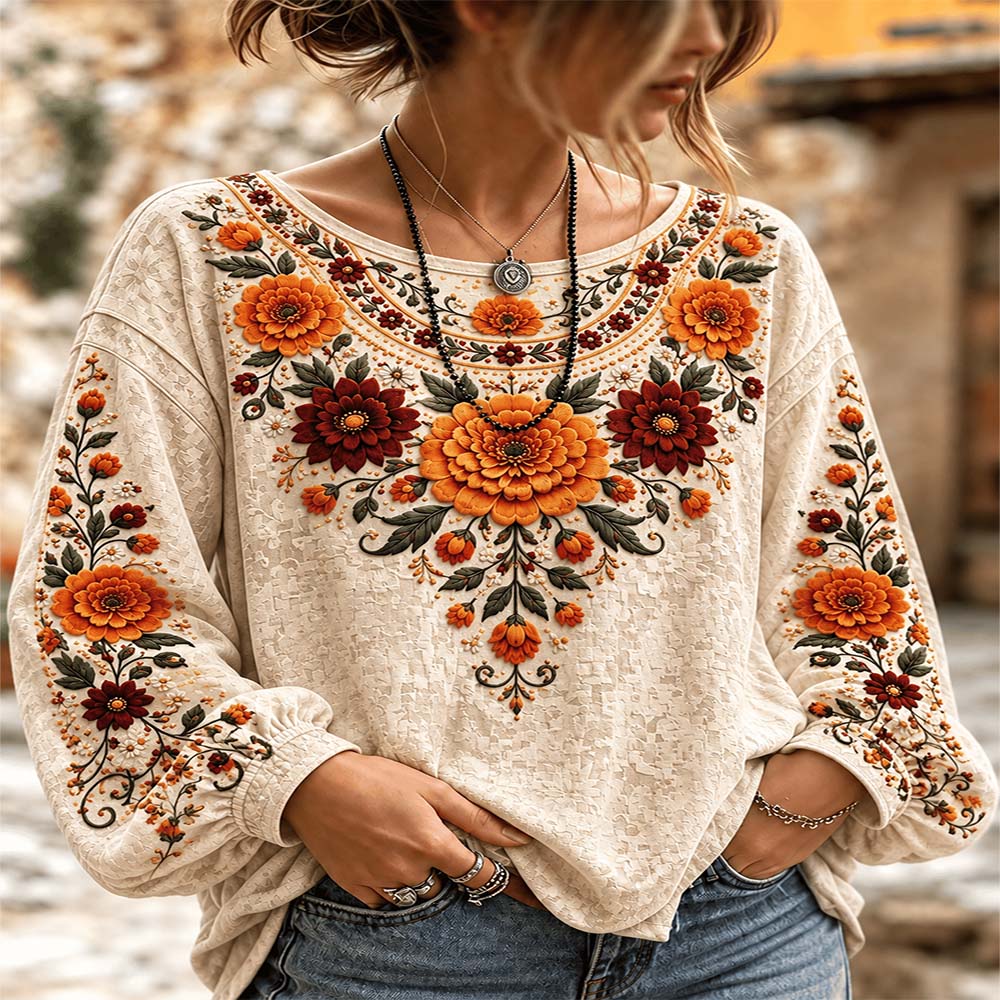 Day Of The Dead Merch Large Orange Floral Long Sleeve Shirt Dia De Los Muertos Gift For Sister - Flickden