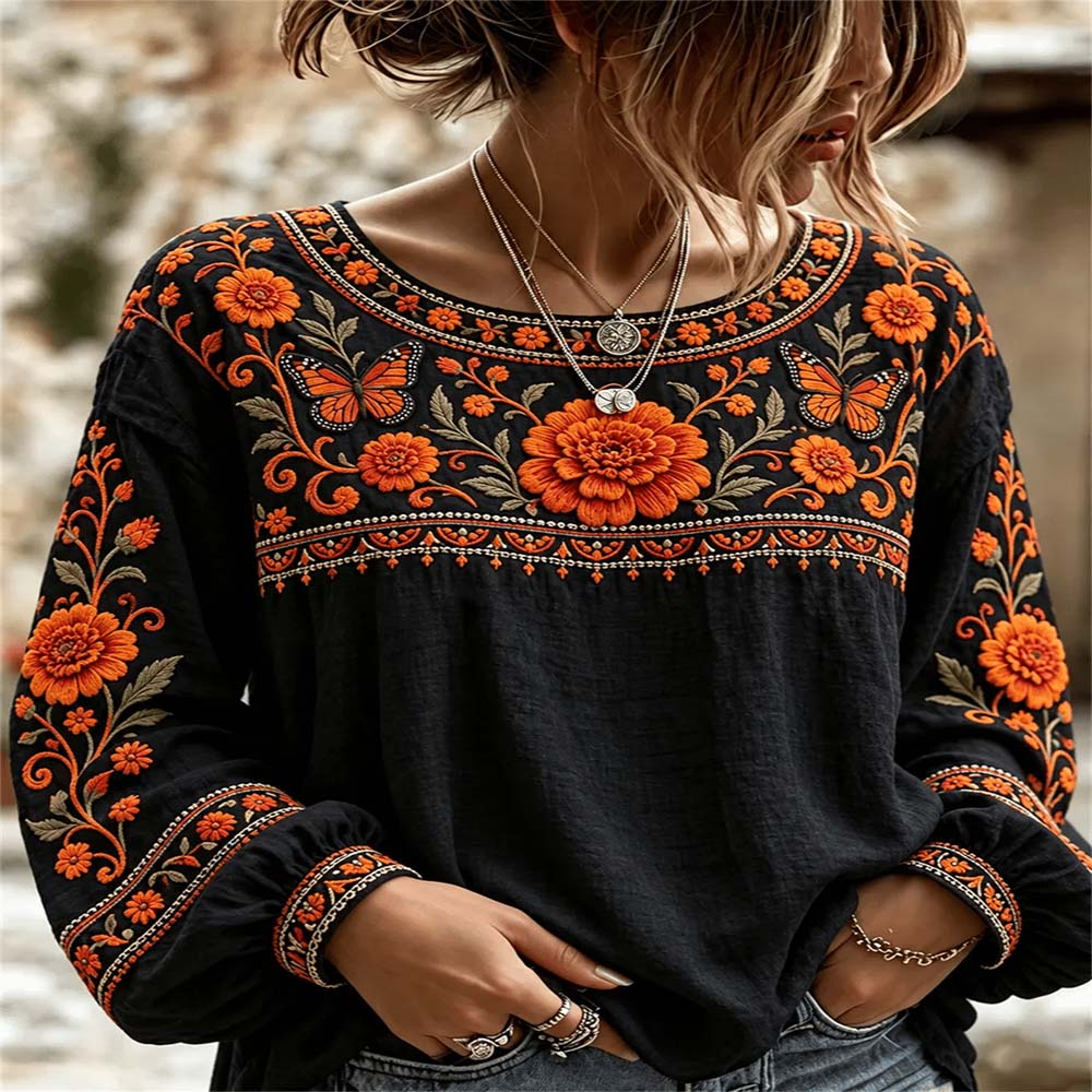 Day Of The Dead Merch Marigold Butterfly Long Sleeve Shirt Sugar Skull Clothing Gift For Wife - Flickden