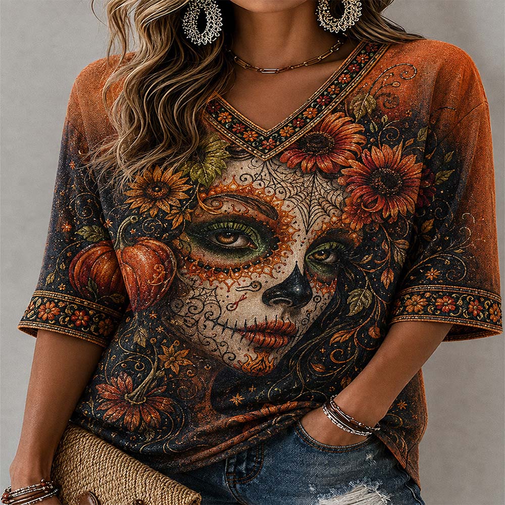 Day Of The Dead Merch Moon Catrina Church V-Neck Raglan Shirt Dia De Los Muertos Gift For Mom - Flickden