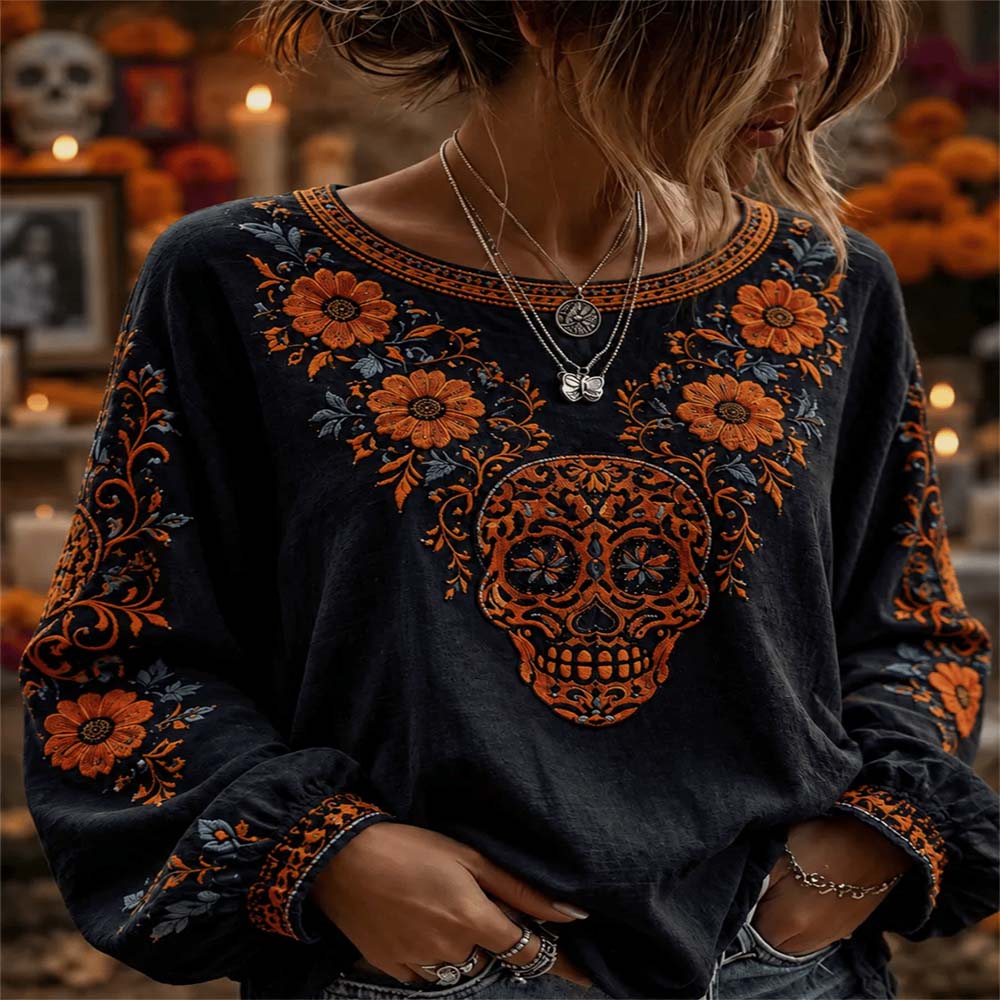 Day Of The Dead Merch Neon Floral Skull Long Sleeve Shirt Sugar Skull Clothing Gift For Wife - Flickden