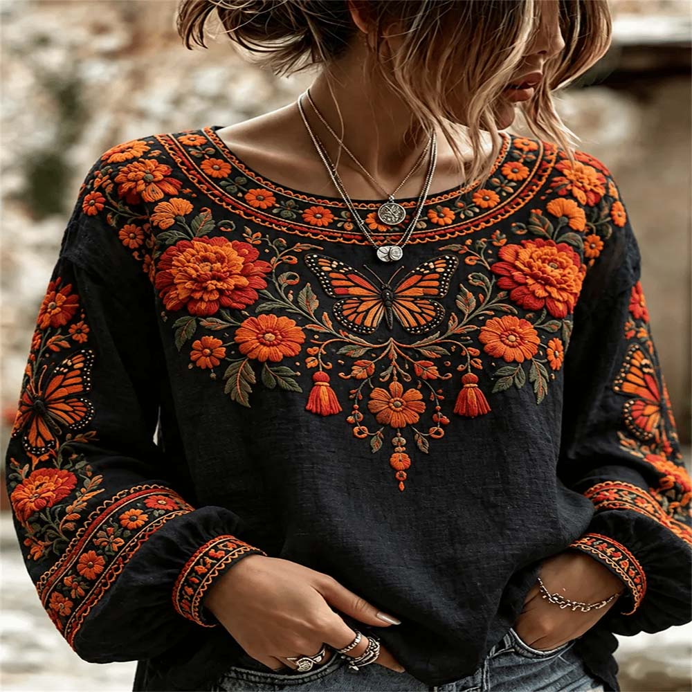 Day Of The Dead Merch Orange Butterfly Long Sleeve Shirt La Catrina Costume Gift For Grandma - Flickden