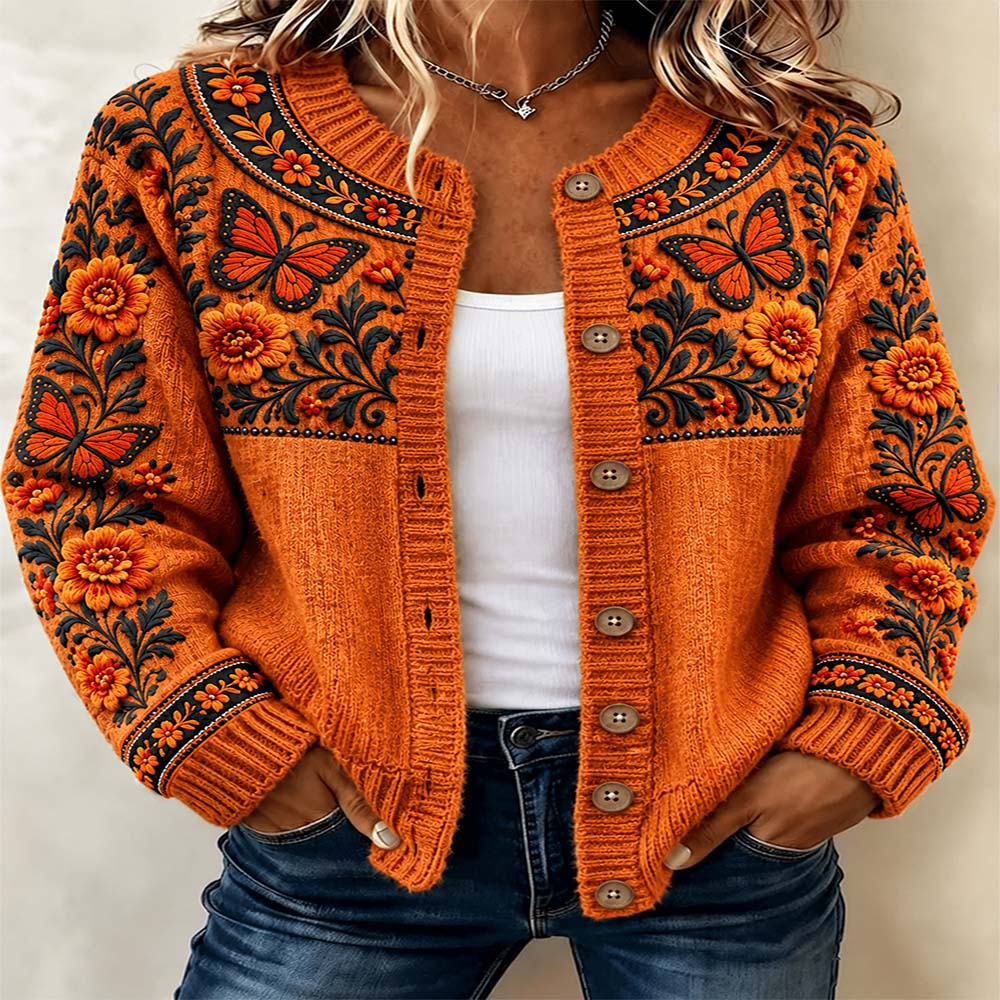 Day Of The Dead Merch Orange Floral Butterfly Cardigan Dia De Los Muertos Gift For Grandma - Flickden