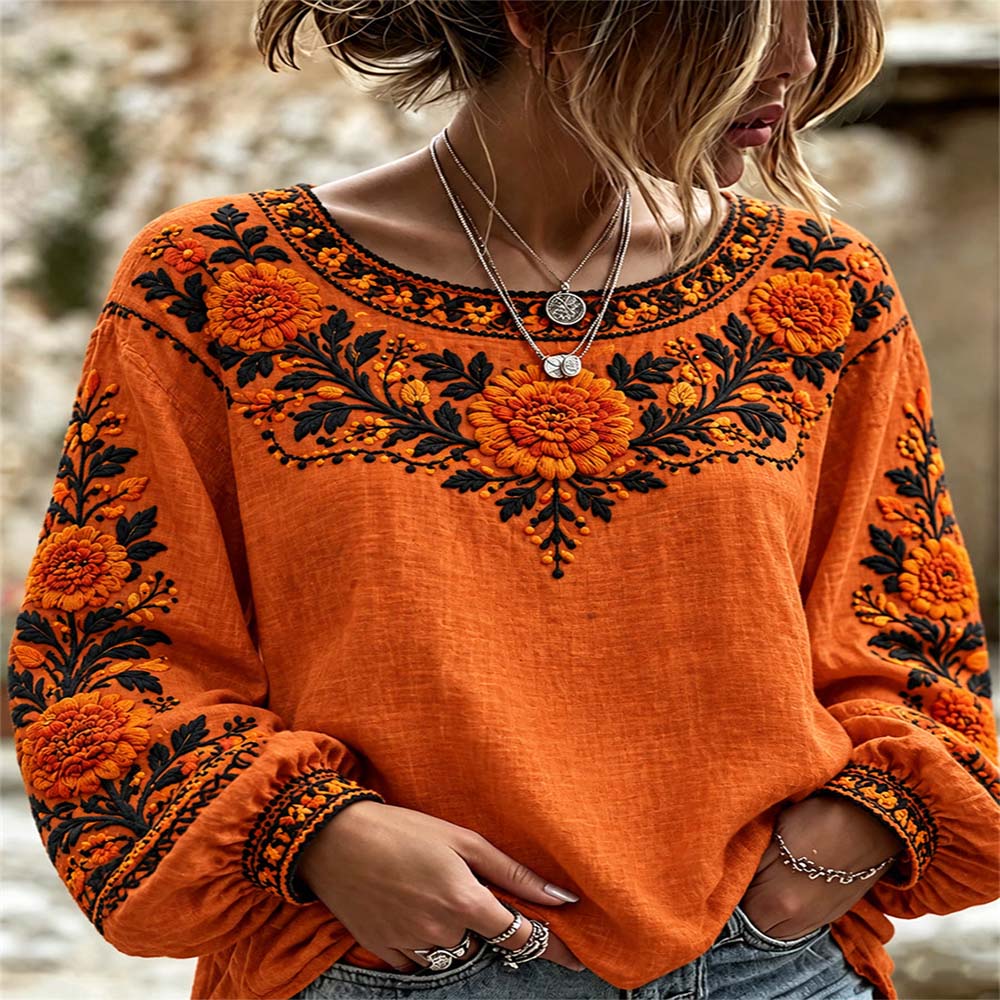 Day Of The Dead Merch Orange Floral Embroidery Long Sleeve Shirt Sugar Skull Gift For Grandma - Flickden