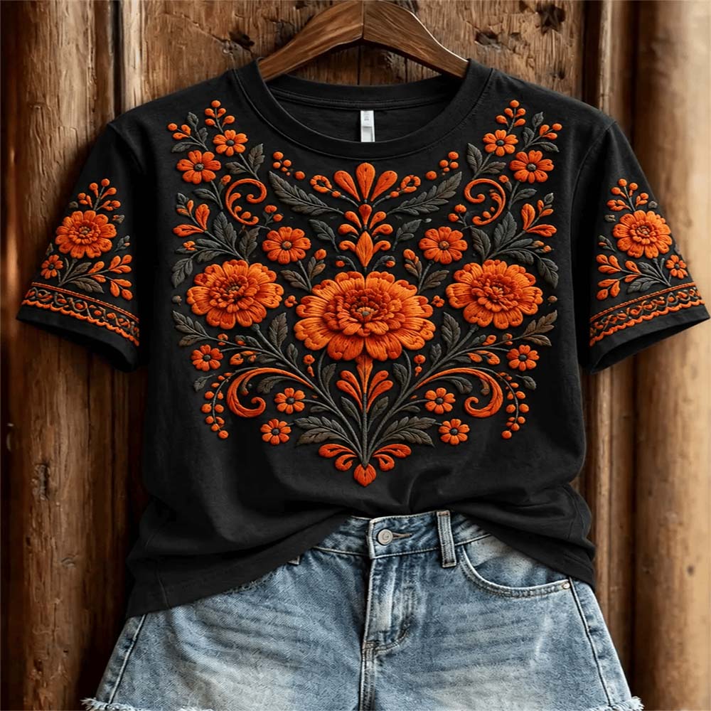 Day Of The Dead Merch Orange Floral Pattern T-Shirt Day Of The Dead Day Gift For Grandma - Flickden