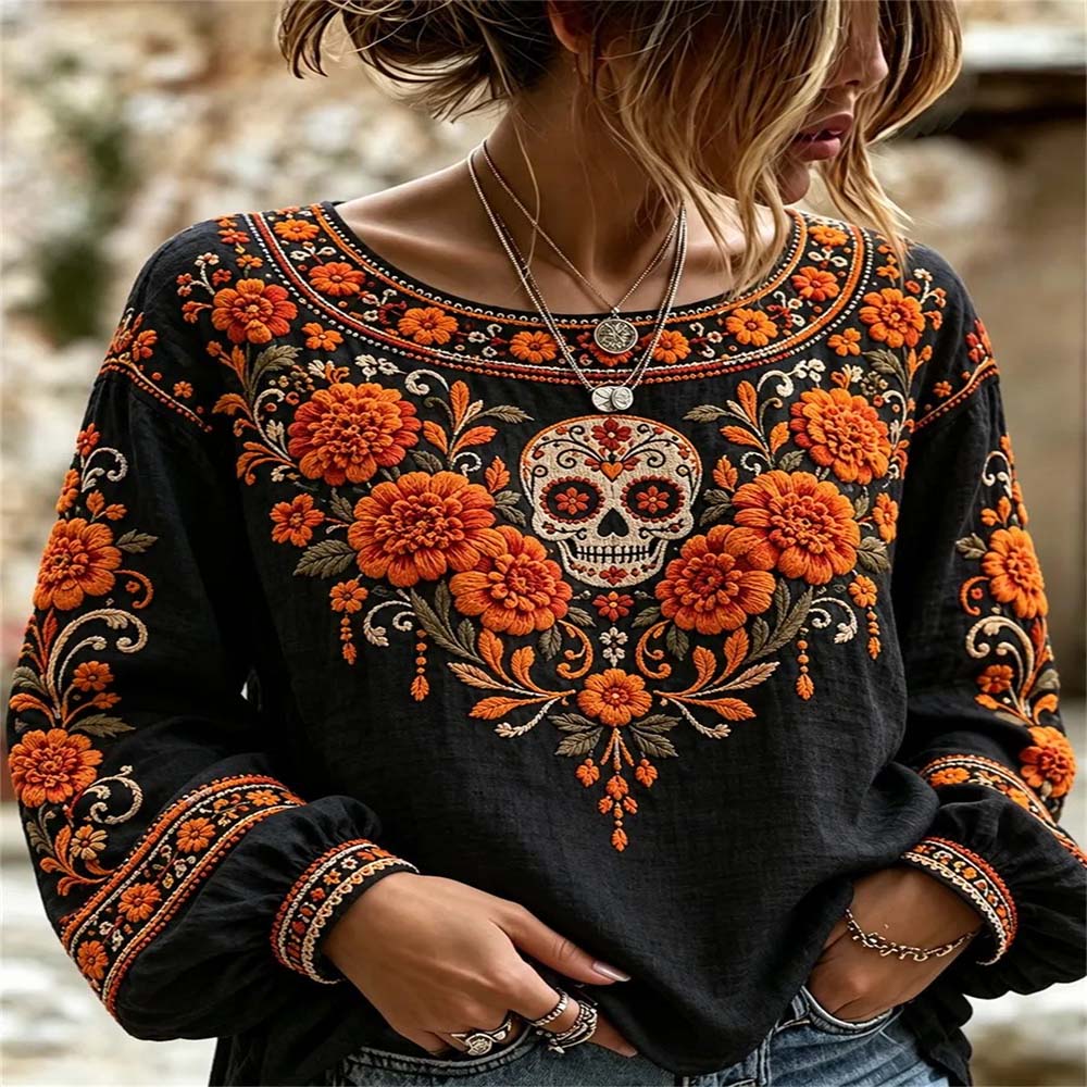 Day Of The Dead Merch Orange Floral Skull Long Sleeve Shirt Sugar Skull Clothing Gift For Mom - Flickden