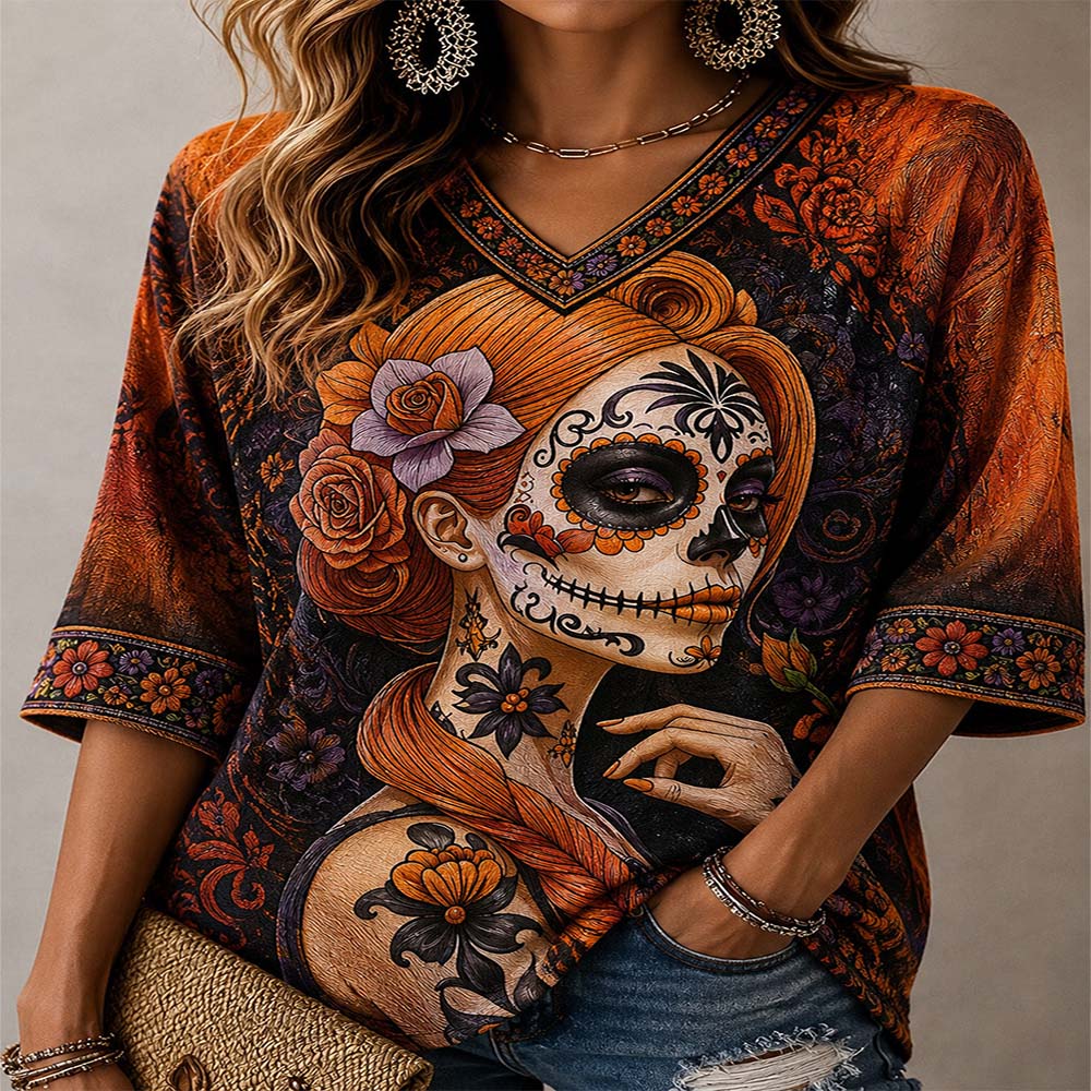 Day Of The Dead Merch Orange Hair Catrina V-Neck Raglan Shirt Sugar Skull Gift For Daughter - Flickden
