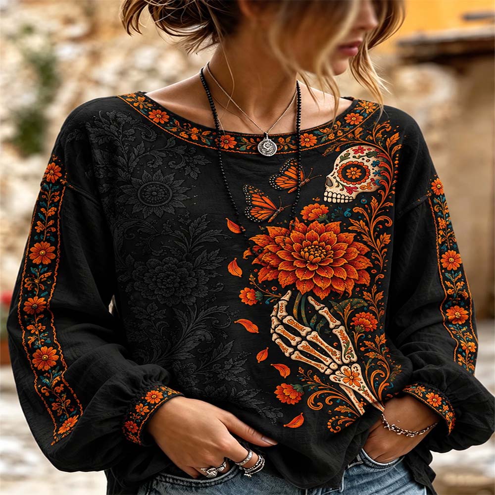 Day Of The Dead Merch Skeleton Hand Flower Long Sleeve Shirt The Day Of Death Gift For Mom - Flickden