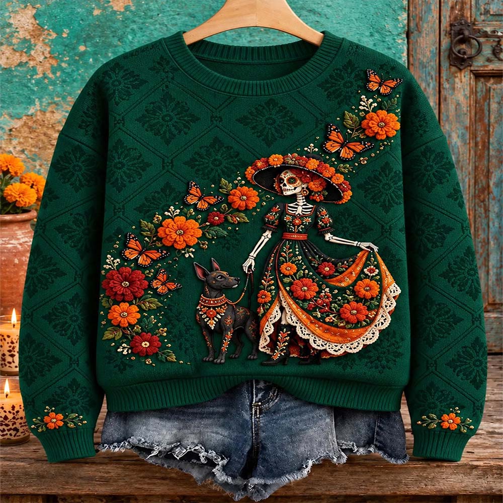 Day Of The Dead Merch Skeleton Lady And Dog Sweatshirt Dia De Los Muertos Dress Gift For Wife - Flickden