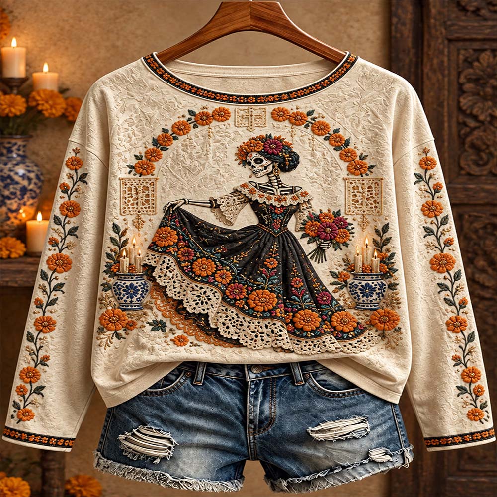Day Of The Dead Merch Skeleton Lady Long Sleeve Shirt Day Of The Dead Clothes Gift For Mom - Flickden