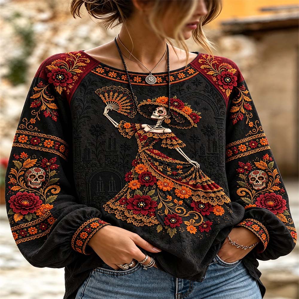 Day Of The Dead Merch Skeleton With Fan Long Sleeve Shirt La Catrina Costume Gift For Grandma - Flickden