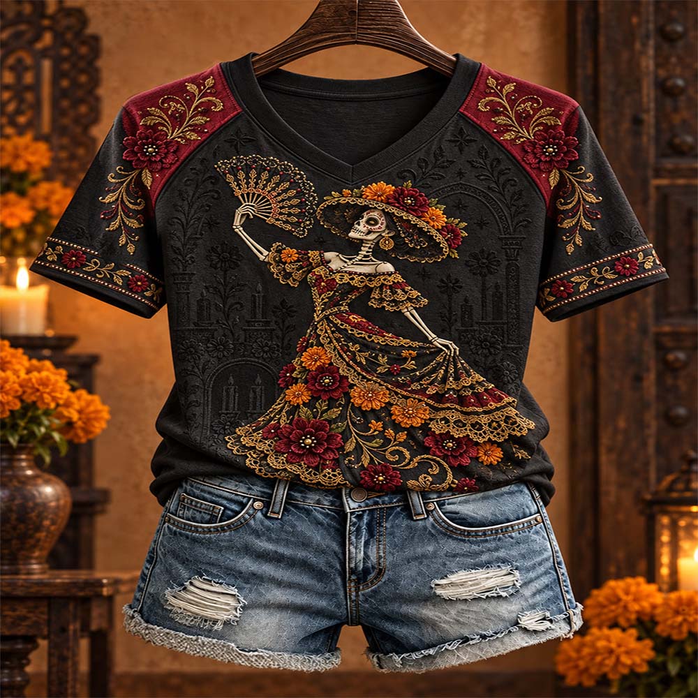 Day Of The Dead Merch Skeleton With Fan V-Neck T-Shirt La Catrina Costume Gift For Sister - Flickden