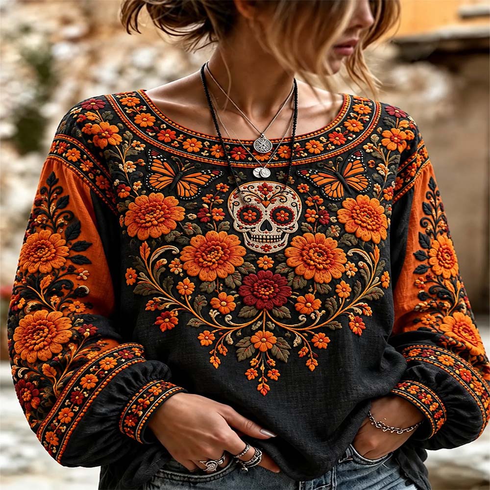 Day Of The Dead Merch Skull And Butterfly Long Sleeve Shirt Dia De Los Muertos Gift For Mom - Flickden