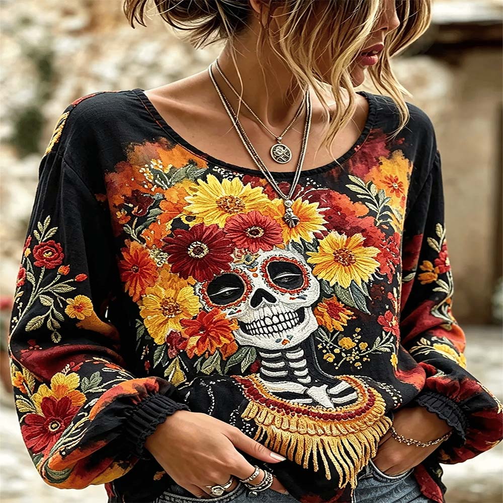 Day Of The Dead Merch Skull And Flowers Long Sleeve Shirt Sugar Skull Clothing Gift For Mom - Flickden
