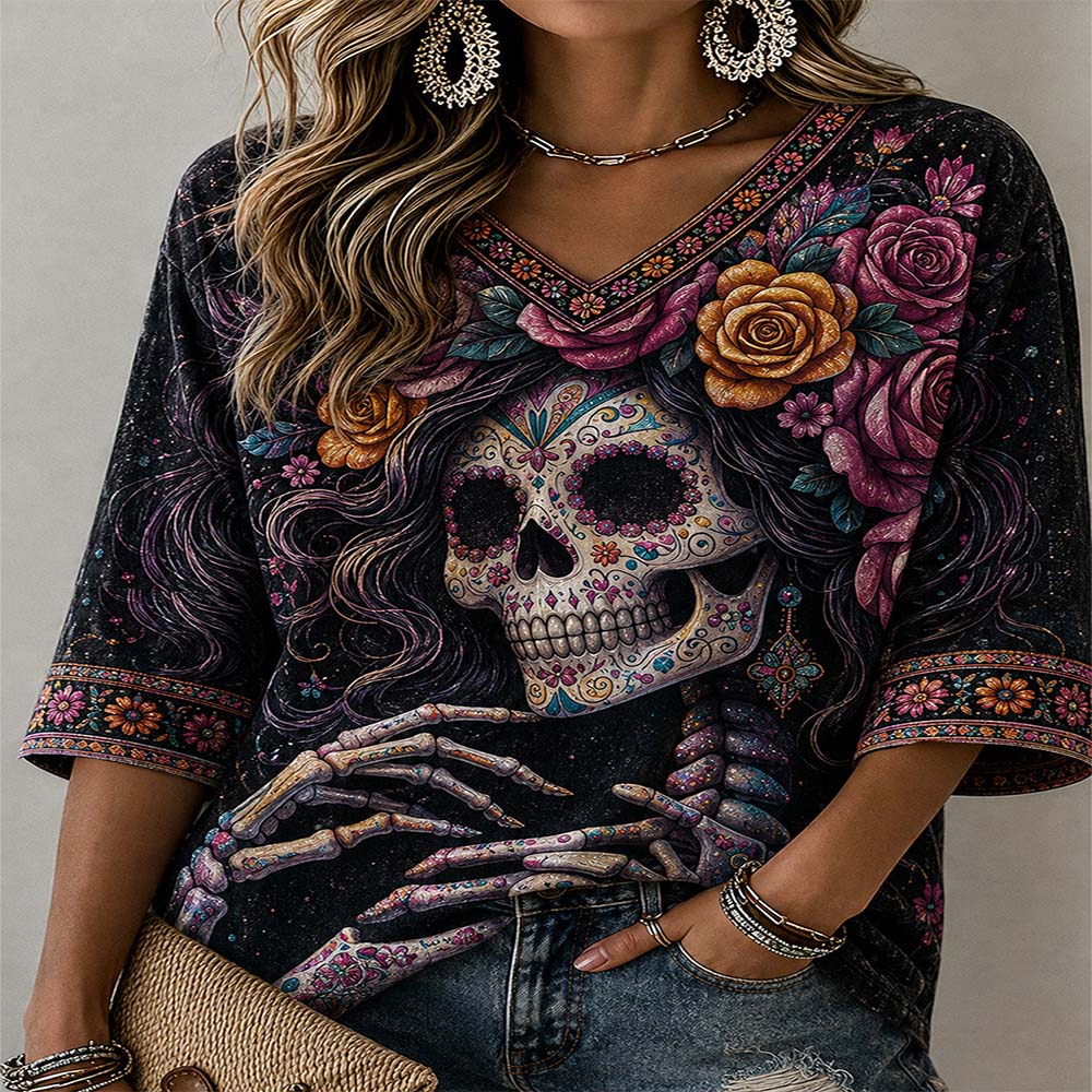 Day Of The Dead Merch Skull And Skeleton V-Neck Raglan Shirt The Day Of Death Gift For Mom - Flickden