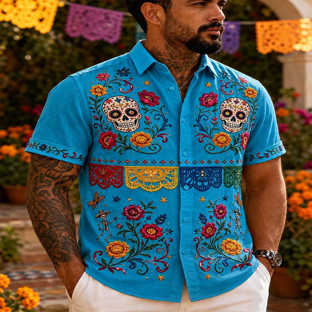 Day Of The Dead Merch Skulls And Banners Hawaiian Shirt The Day Of Death Gift For Dad - Flickden