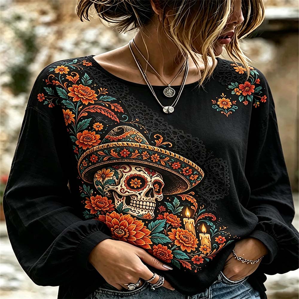 Day Of The Dead Merch Sombrero Skull Long Sleeve Shirt Dia De Los Muertos Skull Gift For Mom - Flickden
