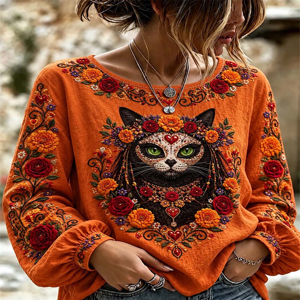Day Of The Dead Merch Sugar Skull Cat Roses Long Sleeve Shirt La Catrina Costume Gift For Wife - Flickden