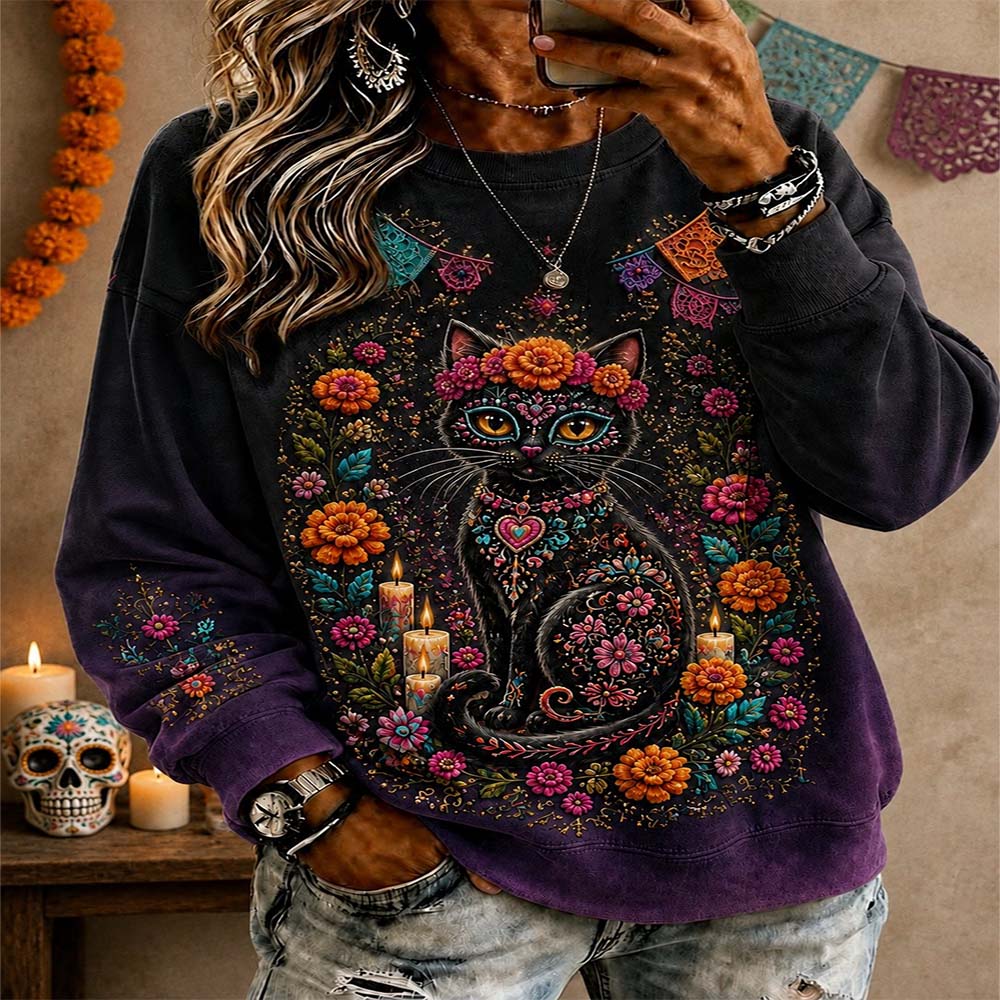 Day Of The Dead Merch Sugar Skull Cat Sweatshirt Mexican Festival Of The Dead Gift For Daughter - Flickden