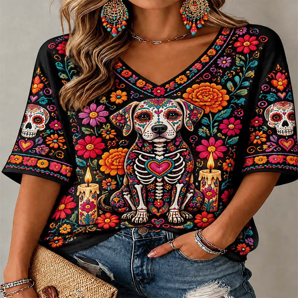 Day Of The Dead Merch Sugar Skull Dog V-Neck Raglan Shirt Dia De Los Muertos Gift For Dog Lover - Flickden