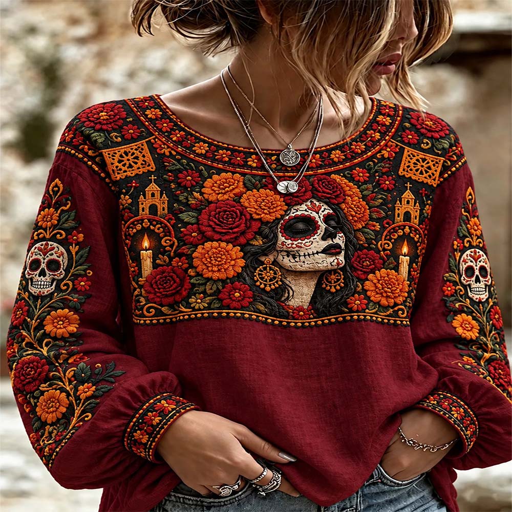 Day Of The Dead Merch Sugar Skull Woman Long Sleeve Shirt Dia De Los Muertos Gift For Mom - Flickden