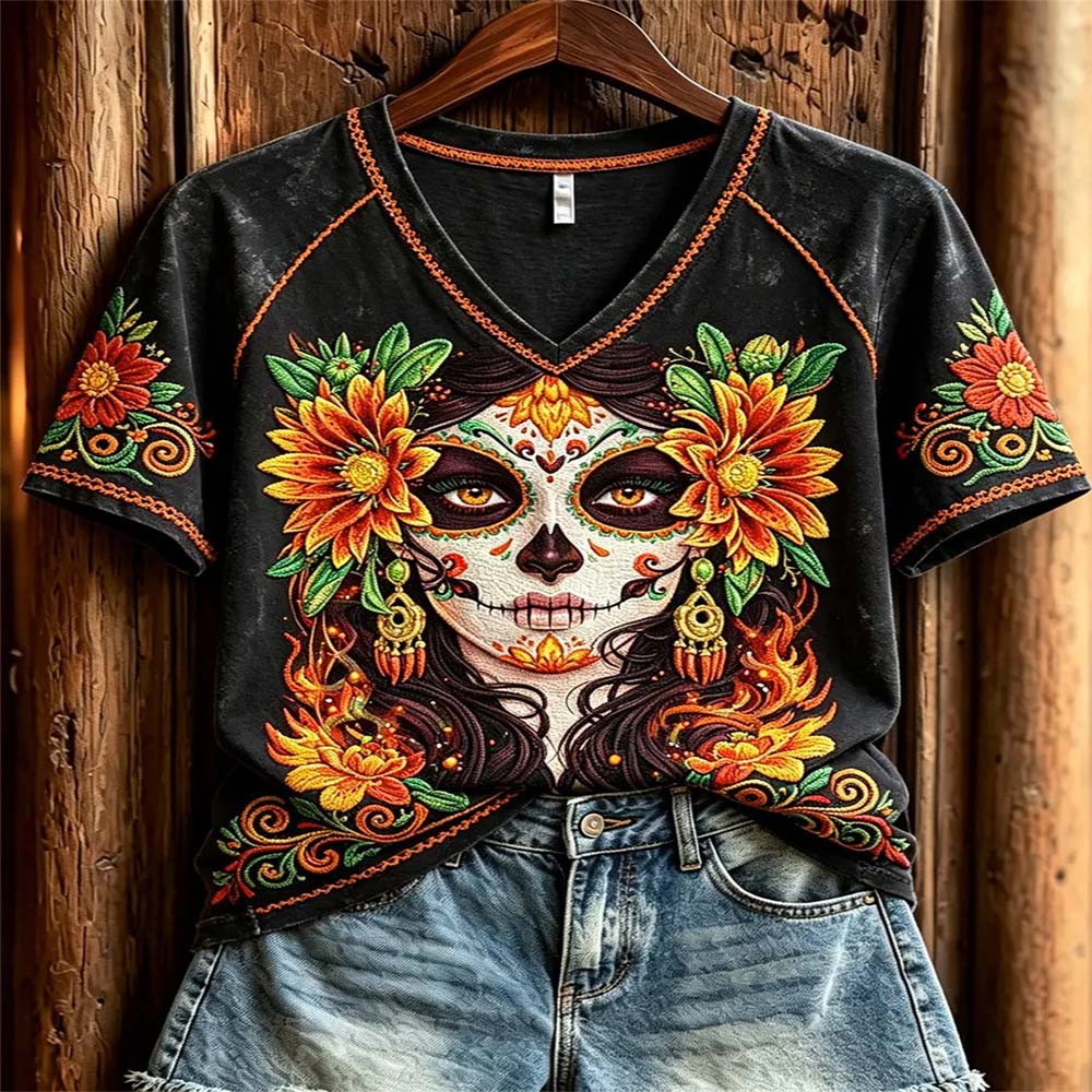 Day Of The Dead Merch Sunflower Catrina V-Neck T-Shirt Sugar Skull Face Paint Gift For Sister - Flickden