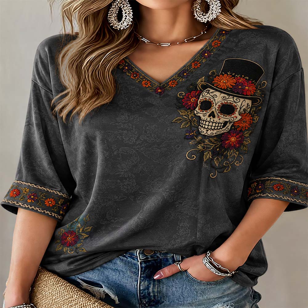 Day Of The Dead Merch Top Hat Skull V-Neck Ragland Shirt Mexican Day Of The Dead Gift For Mom - Flickden