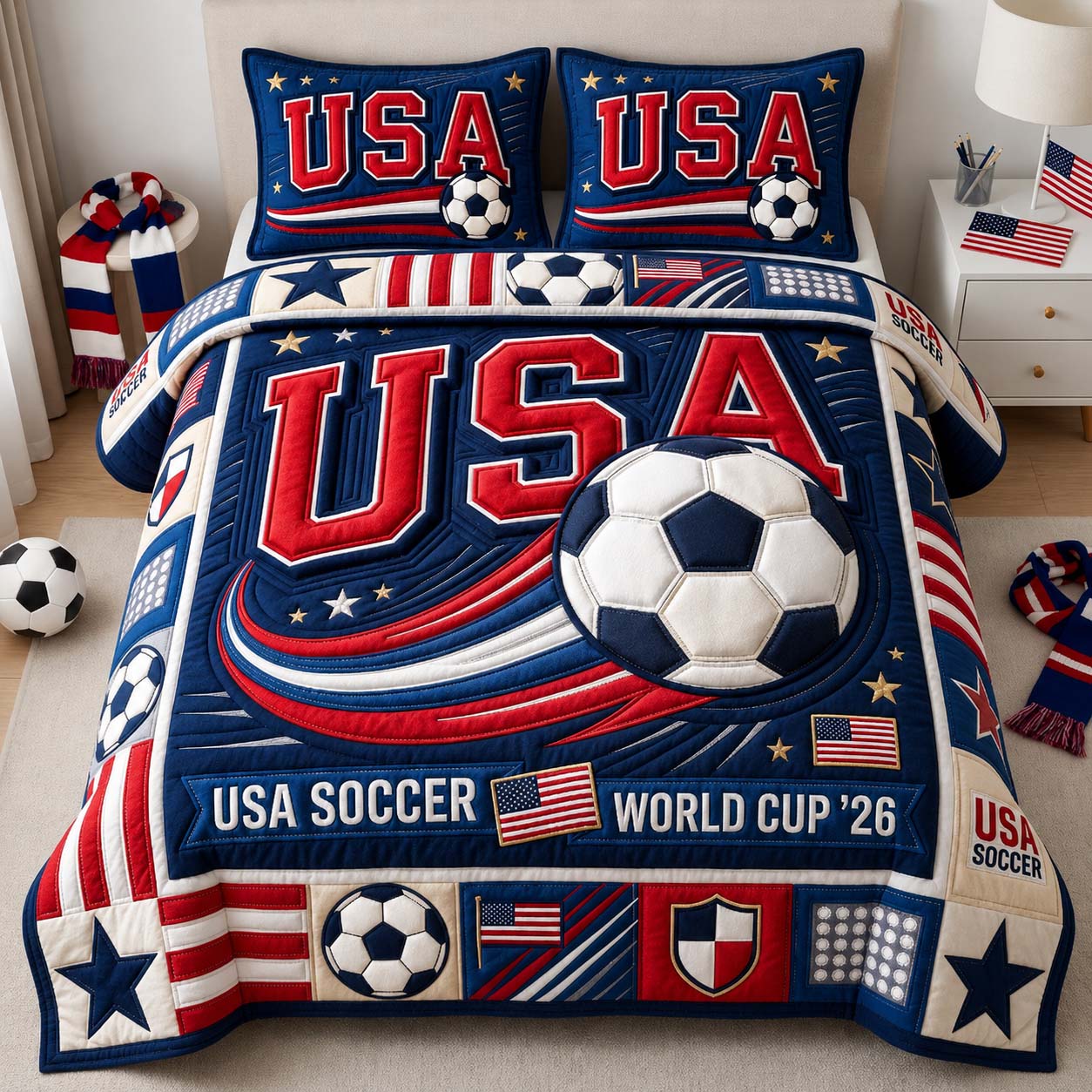 Dynamic Soccer Wave Quilted Bedding Set Room Decor Ideas 4th Of July Veteran Gift - Flickden