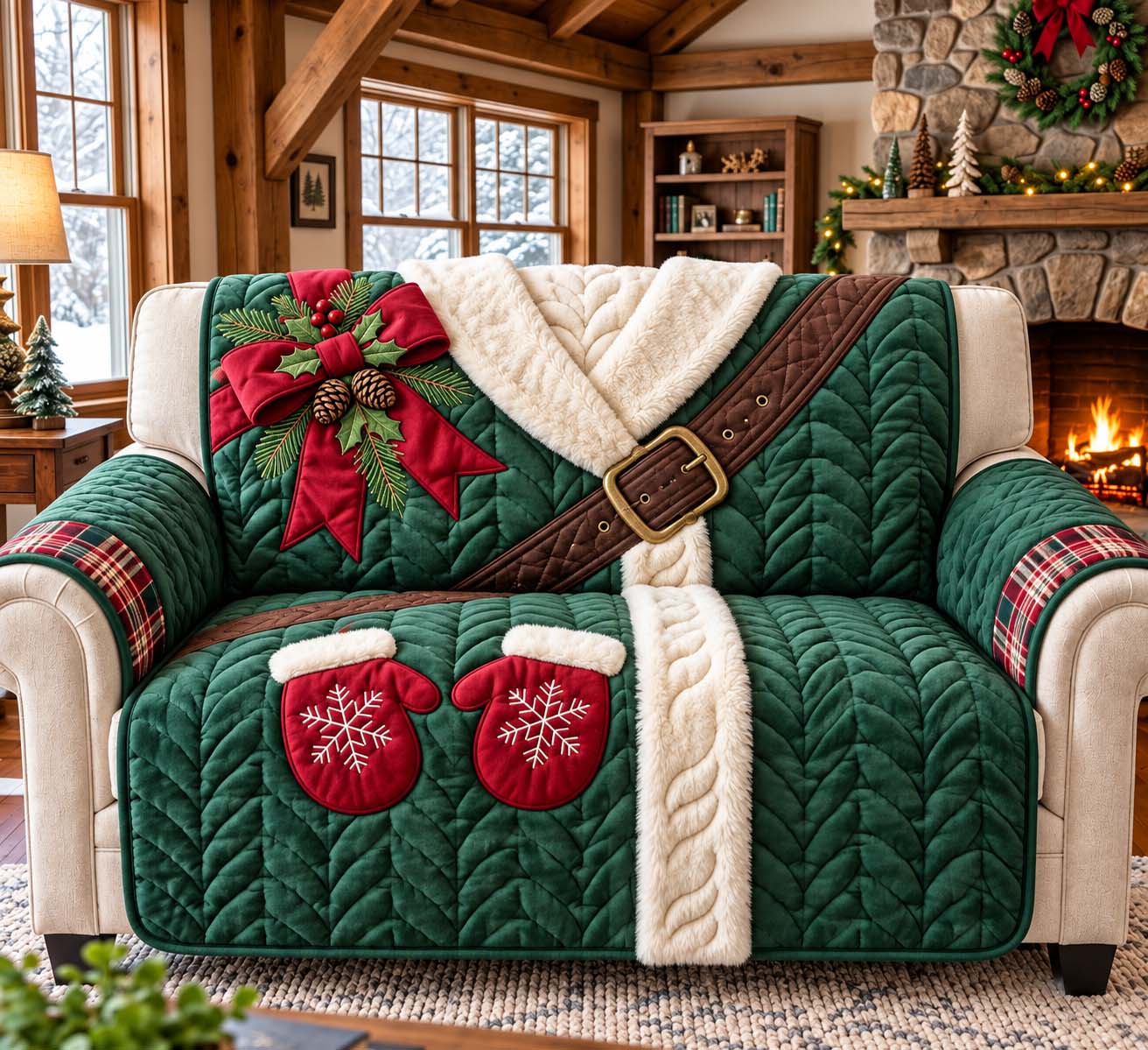 Evergreen Santa Coat Quilted Sofa Cover Xmas Room Decor Romantic Christmas Gifts - Flickden