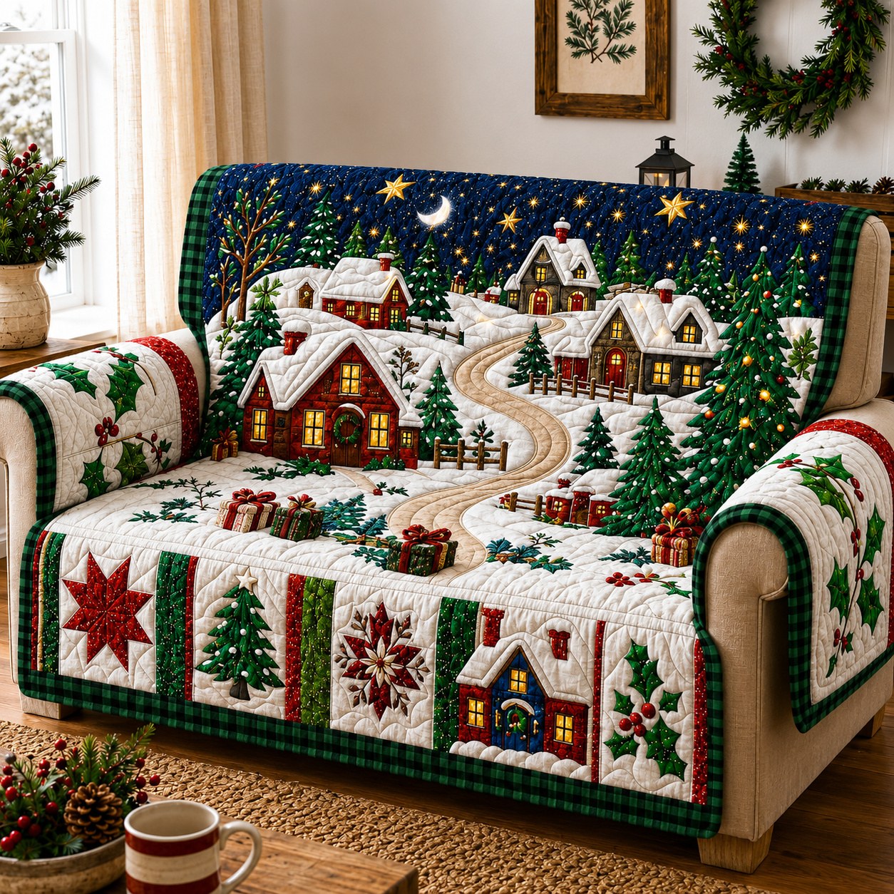 Festive Village Lights Quilted Sofa Cover Christmas Home Decor Christmas Gifts For Wife 2026 - Flickden