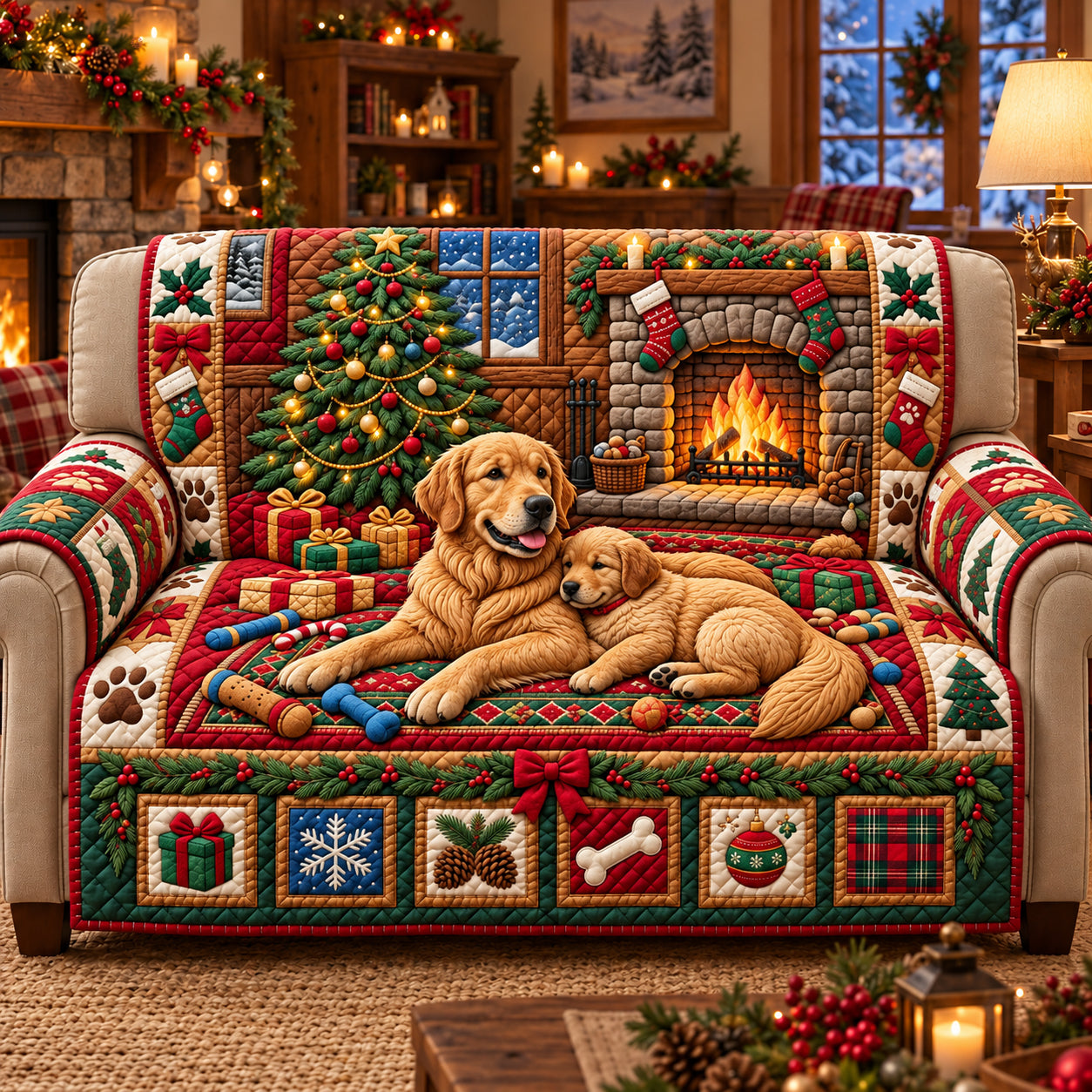Fireside Christmas Quilted Sofa Cover Christmas Room Decor Christmas Presents For Men - Flickden