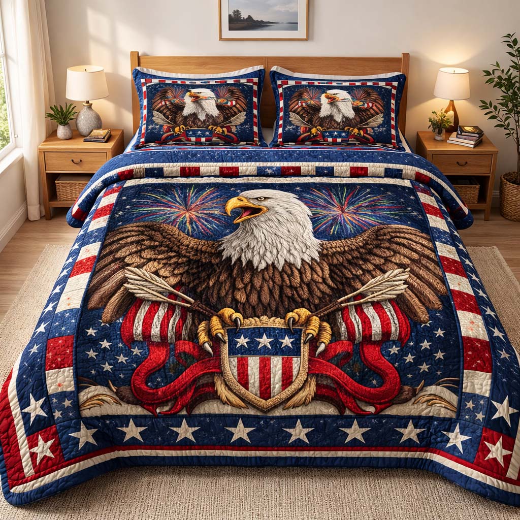 Firework Valor Quilted Bedding Set America 250 Years Room Decor Unique Patriotic Gifts - Flickden