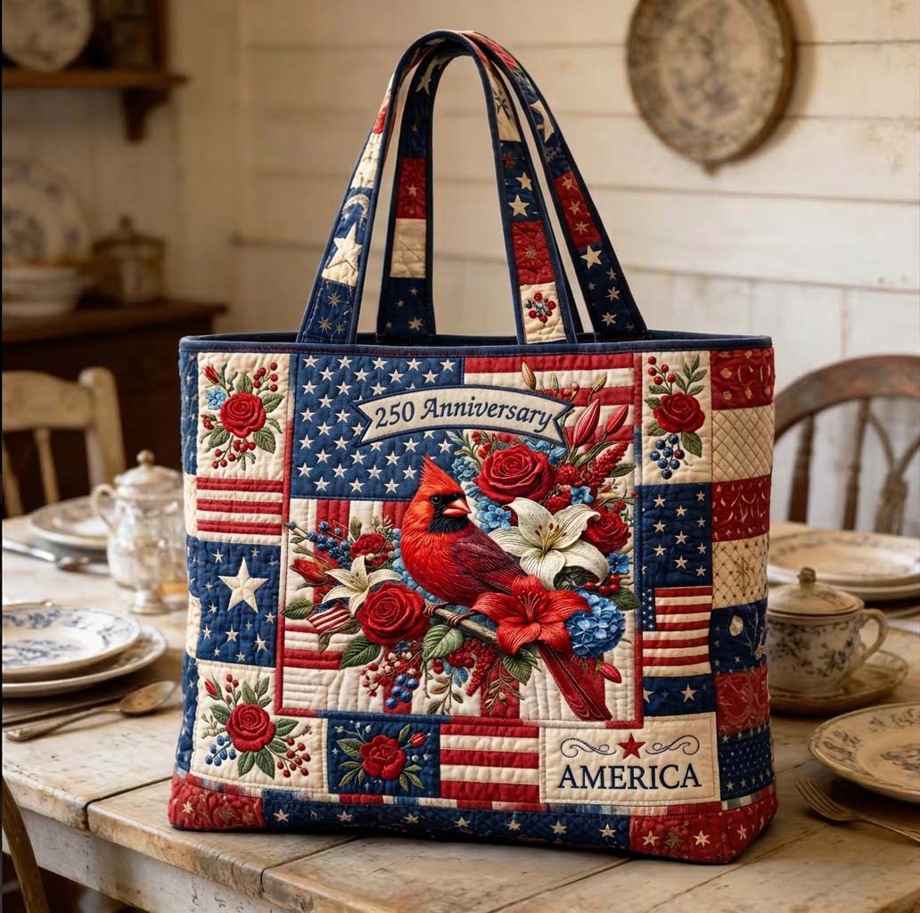 Freedom Cardinal Bird Quilted Tote Bag Patriotic USA Flag Winter Floral Shoulder Bag Gift For Cardinal Lover - Flickden