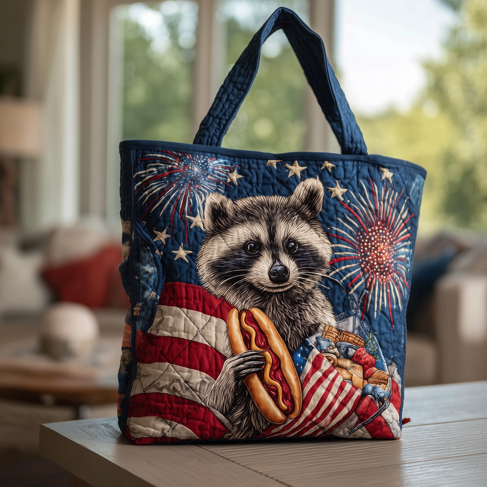 Freedom Raccoon American Flag Quilted Tote Bag Cute Patriotic Animal Shoulder Bag Gift For Women - Flickden
