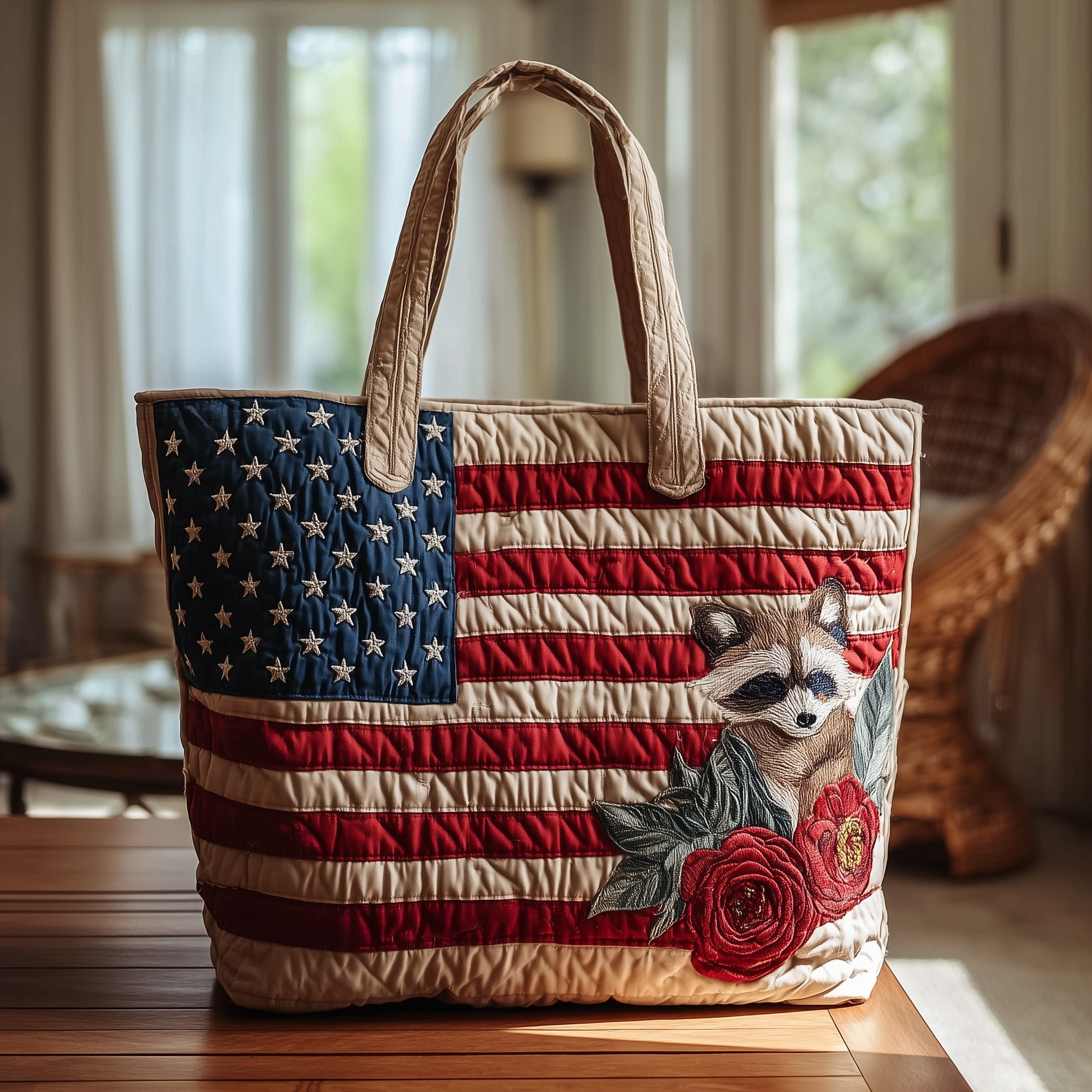 Freedom Raccoon Quilted Tote Bag Patriotic Animal Shoulder Bag Cute Gift For Best Friend - Flickden
