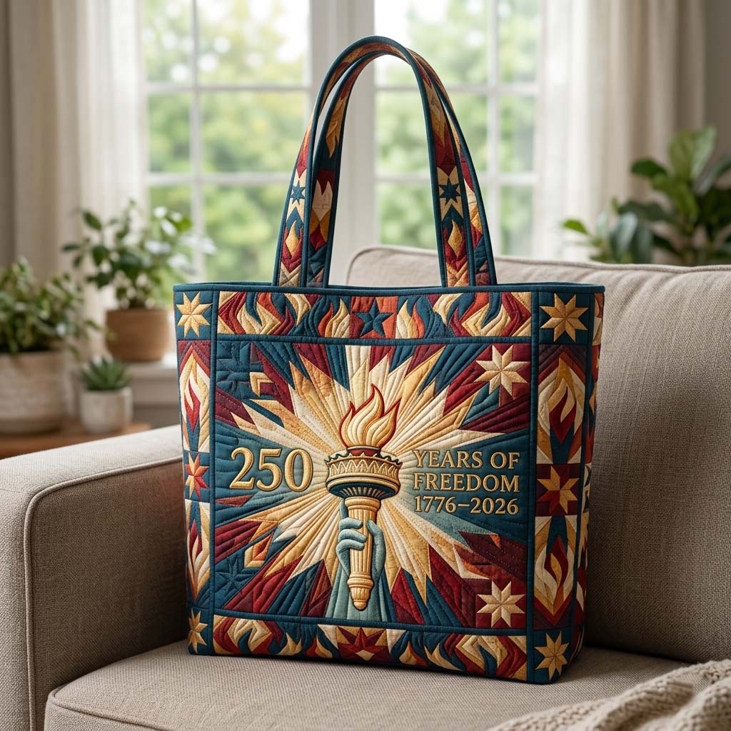 Freedom Torch Quilted Tote Bag Statue Of Liberty Patriotic USA Flag 250th Anniversary Shoulder Bag Gift For Sister - Flickden
